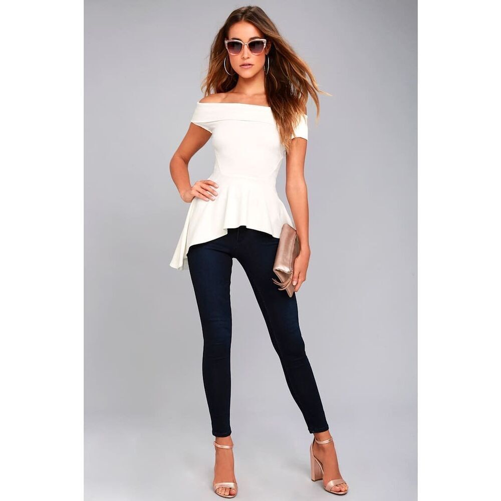 Lulus White Off Shoulder Asymmetrical Peplum Top Size M NWT